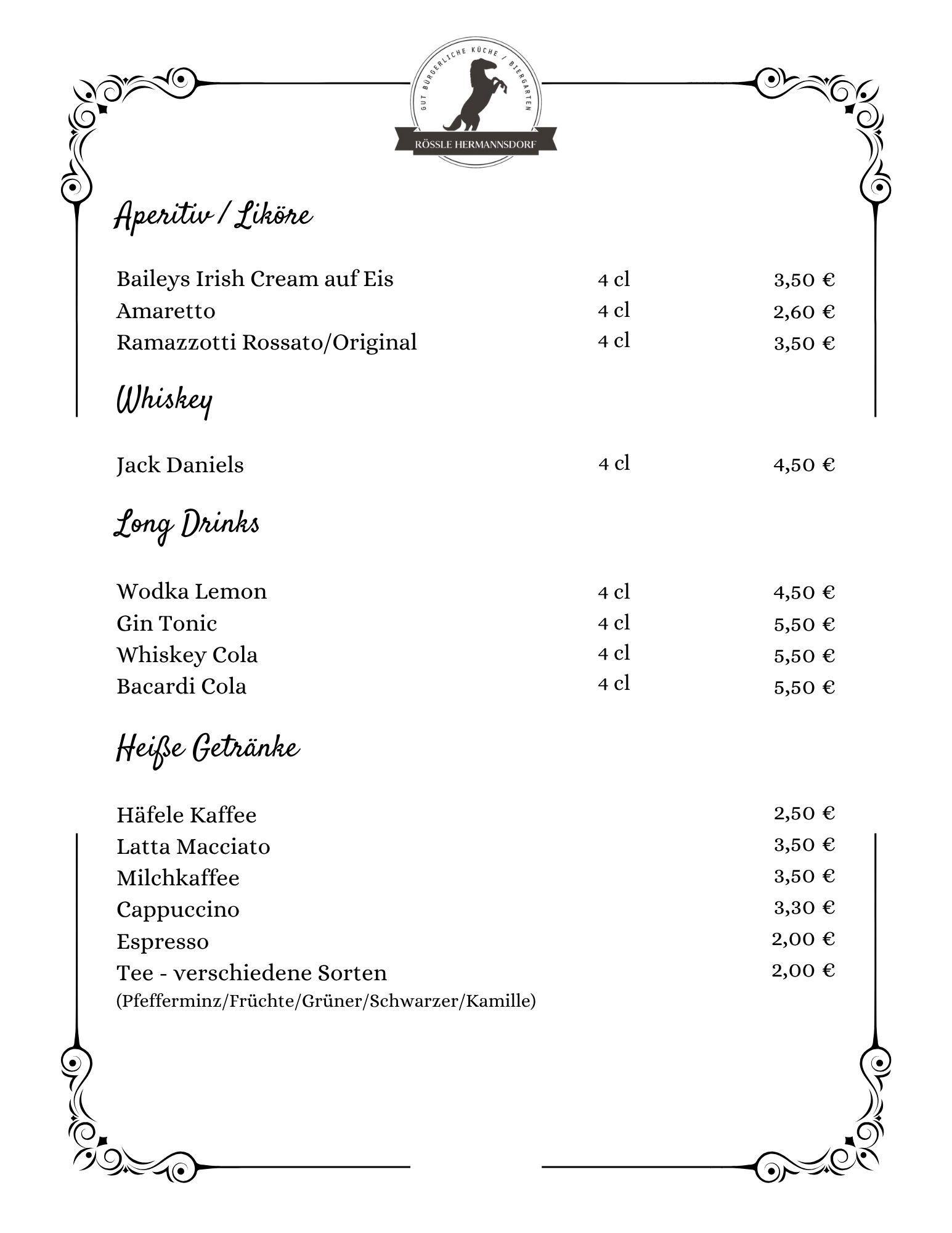 getränkekarte aperitiv und coctails