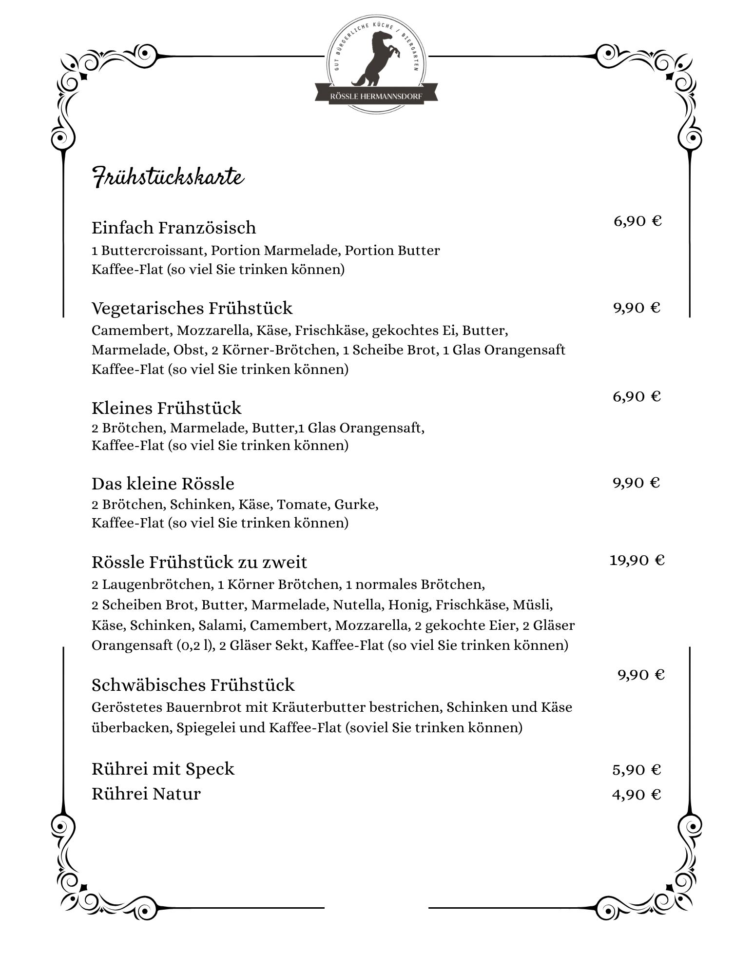 speisekarte mit frühstücken